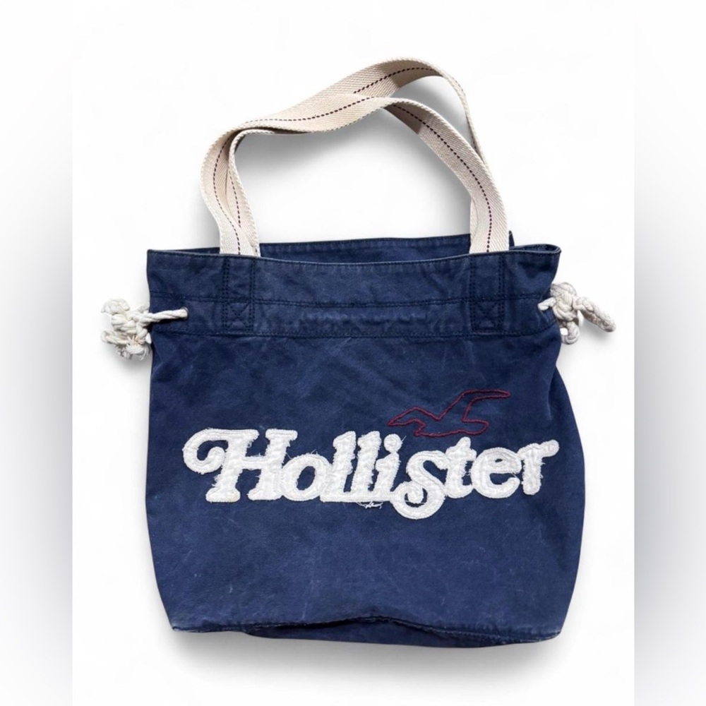 Y2K Hollister Dark Blue Canvas Tote with Cream Straps